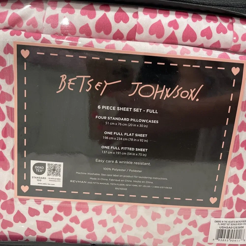 6 Pc BETSEY JOHNSON Pink Ombré Hearts FULL Sheet Set Heart Super Soft Sheets NEW
